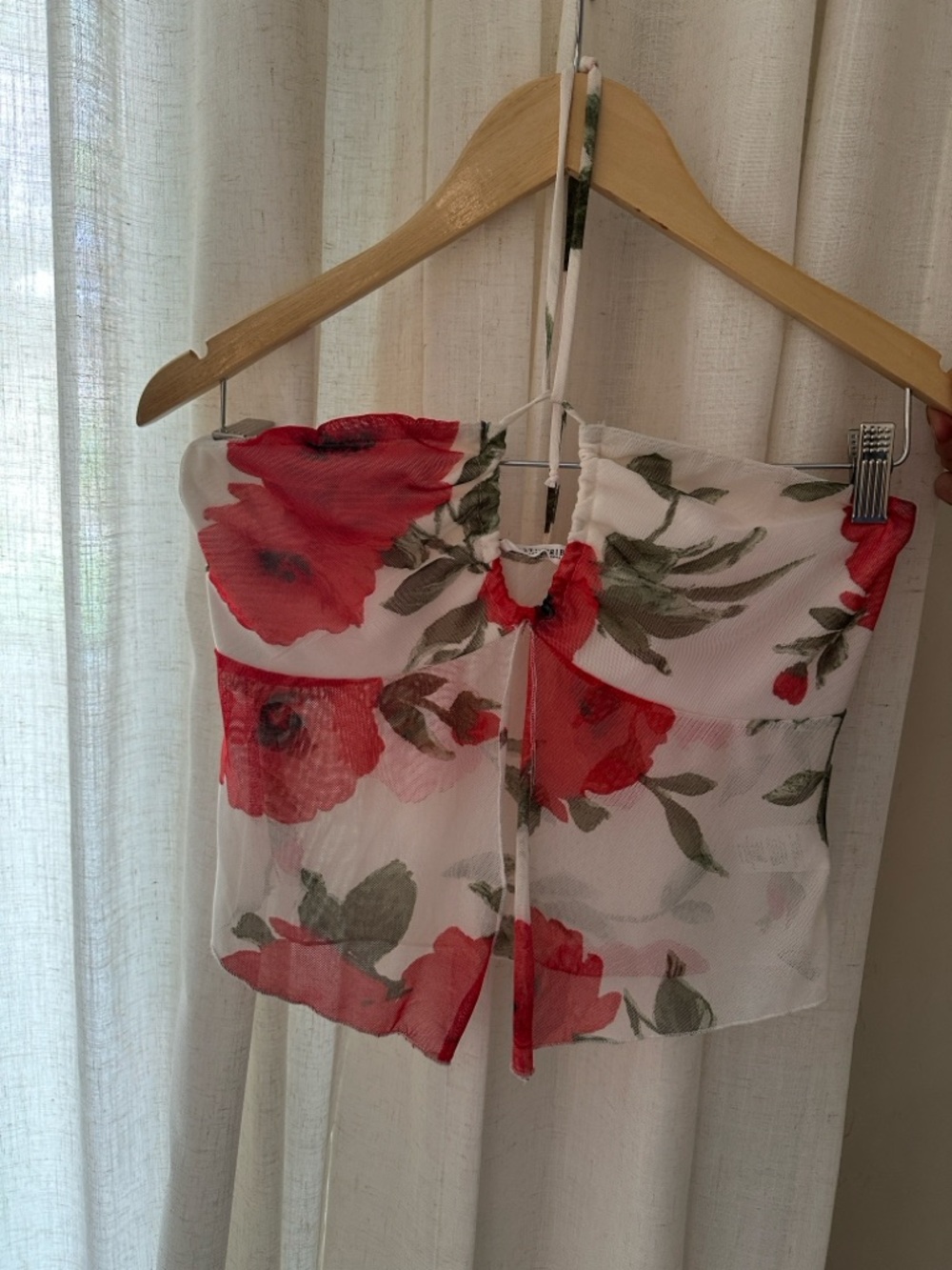 12th Tribe White Floral Mesh Strapless Tank with Red Poppy Print